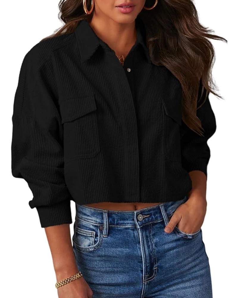 Womens Button Down Corduroy Shirt Cropped Long Sleeve Loose Fit Shacket Tops Black $15.20 Blouses