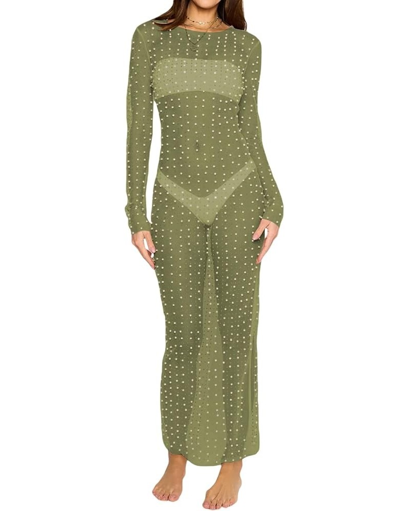 Women Pearl Rhinestone See Through Mesh Dress Long Sleeve Beach Cover Up Dress Summer Sexy Sheer Cover Ups Green-maxi Length ...
