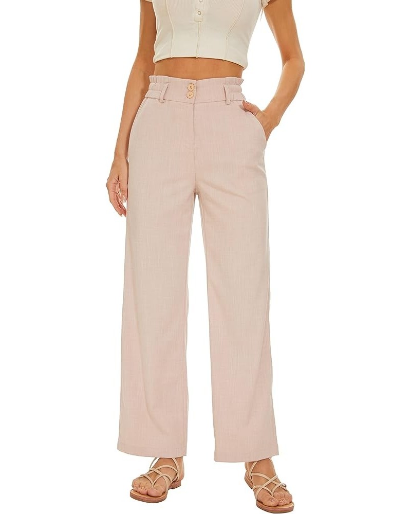 Women Wide Leg Linen Pants Elastic Waist High Rise Work Casual Long Trousers Pink $13.20 Pants