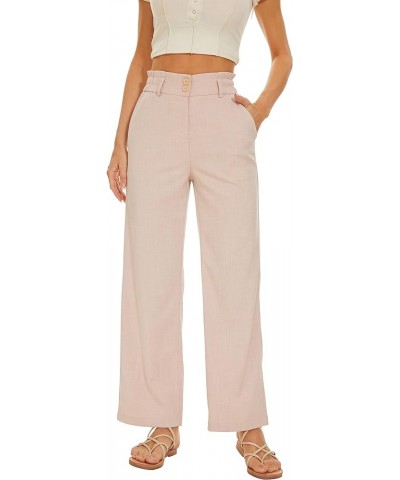 Women Wide Leg Linen Pants Elastic Waist High Rise Work Casual Long Trousers Pink $13.20 Pants