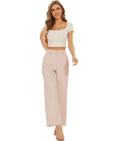 Women Wide Leg Linen Pants Elastic Waist High Rise Work Casual Long Trousers Pink $13.20 Pants