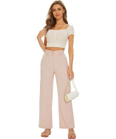 Women Wide Leg Linen Pants Elastic Waist High Rise Work Casual Long Trousers Pink $13.20 Pants