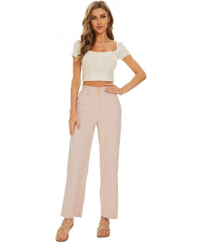 Women Wide Leg Linen Pants Elastic Waist High Rise Work Casual Long Trousers Pink $13.20 Pants