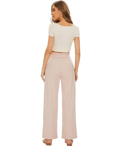 Women Wide Leg Linen Pants Elastic Waist High Rise Work Casual Long Trousers Pink $13.20 Pants