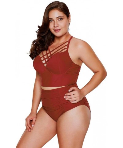Womens Plus Size High Waist Fringe Swimwear Two Piece Swimsuit Red $15.40 Swimsuits