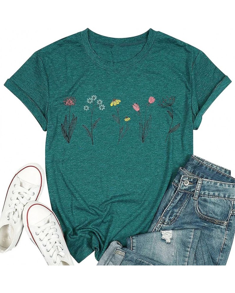 Wildflower Shirts for Women Causal Summer Flower Graphic Tees Cute Garden Plant Lover Tshirts Tops Green $9.60 T-Shirts