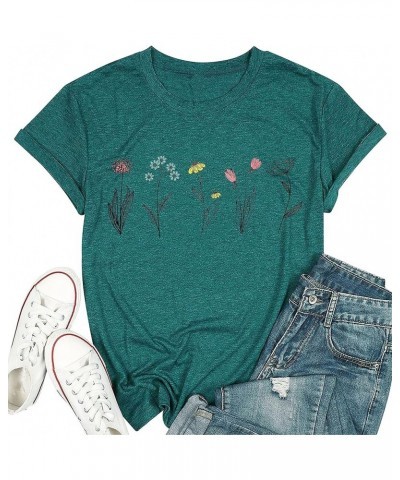 Wildflower Shirts for Women Causal Summer Flower Graphic Tees Cute Garden Plant Lover Tshirts Tops Green $9.60 T-Shirts