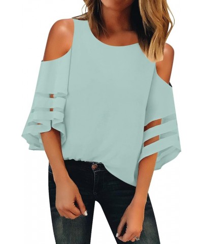 Women's Cold Shoulder Loose Shirt Tops 3/4 Bell Mesh Sleeve Blouse Clearly Aqua $17.08 Blouses