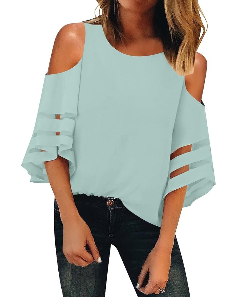 Women's Cold Shoulder Loose Shirt Tops 3/4 Bell Mesh Sleeve Blouse Clearly Aqua $17.08 Blouses