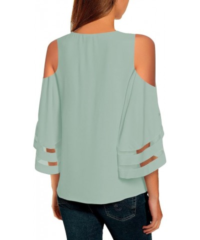 Women's Cold Shoulder Loose Shirt Tops 3/4 Bell Mesh Sleeve Blouse Clearly Aqua $17.08 Blouses