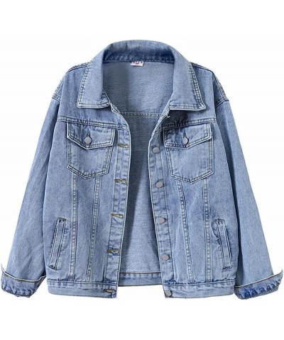 Women's Classic Collared Button Down Distressed Oversize Boyfriend Unlined Denim Trucker Shacket Jacket Blue $17.59 Jackets