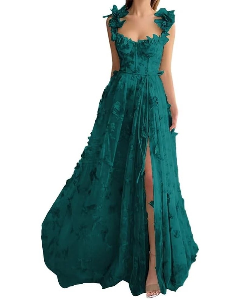 Women's Tulle 3D Butterfly Prom Dress Long 2024 Spaghetti Straps A-Line Evening Ball Gown Party Dresses with Slit Emerald Gre...
