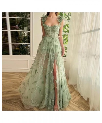 Women's Tulle 3D Butterfly Prom Dress Long 2024 Spaghetti Straps A-Line Evening Ball Gown Party Dresses with Slit Emerald Gre...