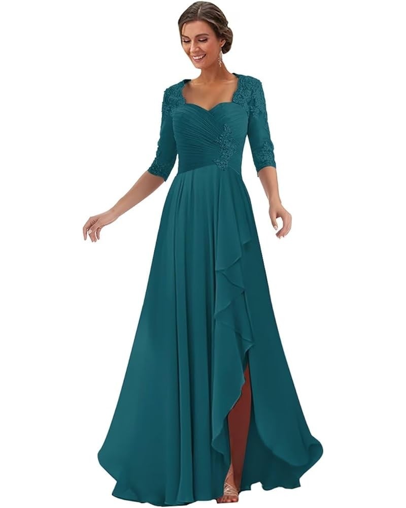 Lace Appliques Mother of The Bride Dresses for Wedding 1/2 Sleeves Chiffon Long Formal Dress Evening Gown Teal $40.25 Dresses