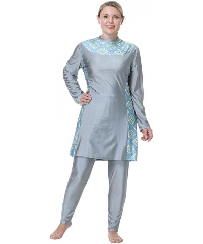 Muslim Swimsuits for Women Plus Size Full Coverage Swimwear Modest Islamic Hijab Ladies Swimming Burkini Bathing Suit Grey Fl...