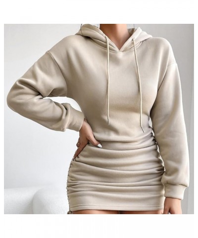 Women Drawstring Side Ruched Hoodies Dress Drop Shoulder Long Sleeve Casual Solid Bodycon Tunic Sweatshirt Dress Khaki $20.09...