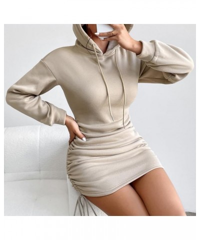 Women Drawstring Side Ruched Hoodies Dress Drop Shoulder Long Sleeve Casual Solid Bodycon Tunic Sweatshirt Dress Khaki $20.09...