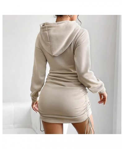 Women Drawstring Side Ruched Hoodies Dress Drop Shoulder Long Sleeve Casual Solid Bodycon Tunic Sweatshirt Dress Khaki $20.09...