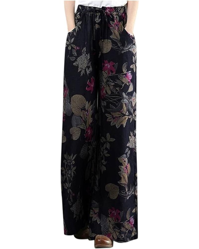 Women Plus Size Floral Pants Vintage Cotton Linen Trousers Casual Wide Leg High Elastic Palazzo Slacks Dark Blue $10.36 Pants