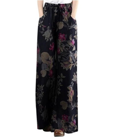 Women Plus Size Floral Pants Vintage Cotton Linen Trousers Casual Wide Leg High Elastic Palazzo Slacks Dark Blue $10.36 Pants