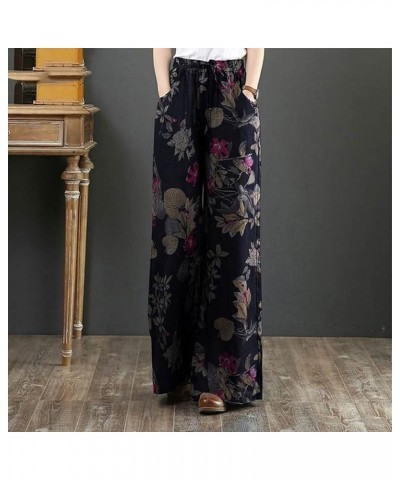 Women Plus Size Floral Pants Vintage Cotton Linen Trousers Casual Wide Leg High Elastic Palazzo Slacks Dark Blue $10.36 Pants