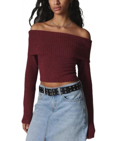 Women Casual Solid Sweater Top Long Sleeve Off Shoulder Ribbed Knit Cropped Shirt Fairy Grunge Fall Y2K Streetwear M-red $14....