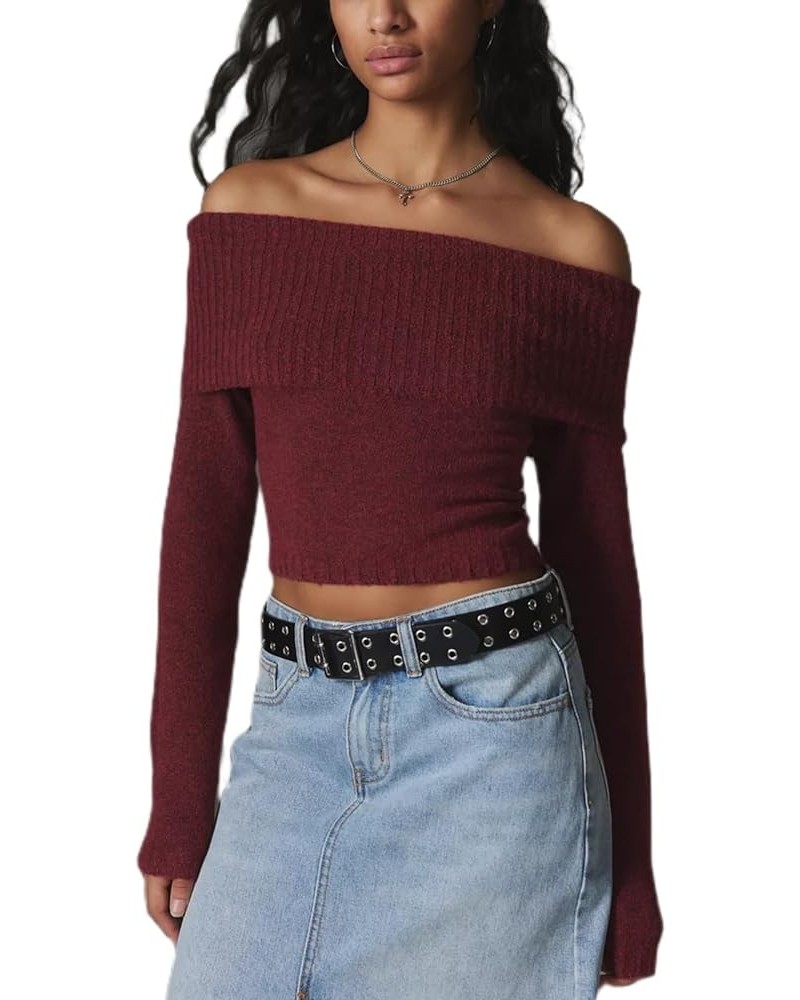 Women Casual Solid Sweater Top Long Sleeve Off Shoulder Ribbed Knit Cropped Shirt Fairy Grunge Fall Y2K Streetwear M-red $14....