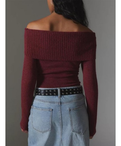 Women Casual Solid Sweater Top Long Sleeve Off Shoulder Ribbed Knit Cropped Shirt Fairy Grunge Fall Y2K Streetwear M-red $14....