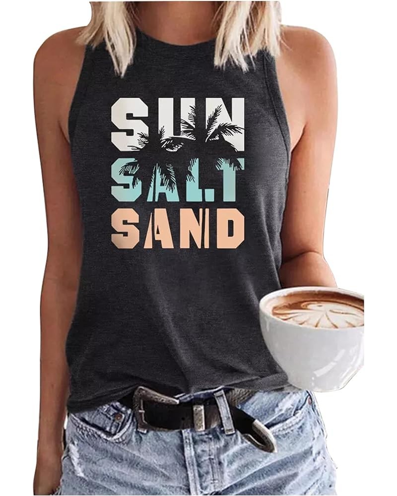 Womens Beach Heartbeat Coconut Tree Racerback Tank Tops Summer Casual Fit Basic Camis Tanks Holiday Sleeveless T Shirts Sun S...