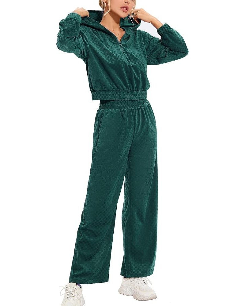 Womens Velour Tracksuit Set Long Sleeve Sweatsuit 2 Piece Casual Half Zip Hoodie Crop Tops Jogger Sweatpants Set Green $15.48...