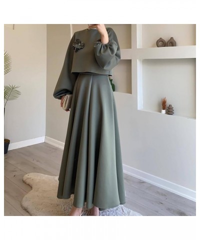 Floral Lantern Sleeve Loose Dress Two-Piece Set Womens Bohemian Solid Satin Round Neck Elastic Midi Skirt Suit Black $39.90 S...