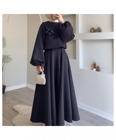 Floral Lantern Sleeve Loose Dress Two-Piece Set Womens Bohemian Solid Satin Round Neck Elastic Midi Skirt Suit Black $39.90 S...