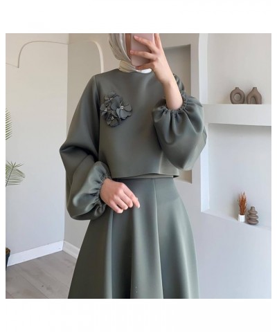 Floral Lantern Sleeve Loose Dress Two-Piece Set Womens Bohemian Solid Satin Round Neck Elastic Midi Skirt Suit Black $39.90 S...