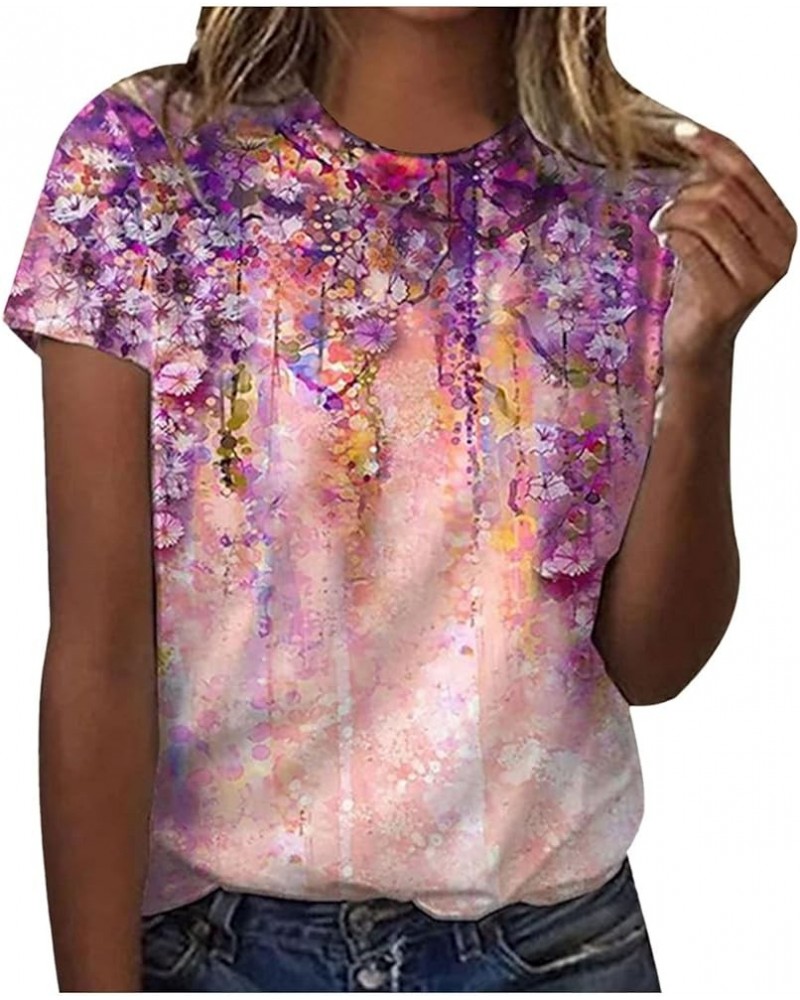 T Shirts for Women Summer Print Plus Size Tops Short Sleeve Crewneck Spring Blouses Loose Basic C-purple $10.32 T-Shirts