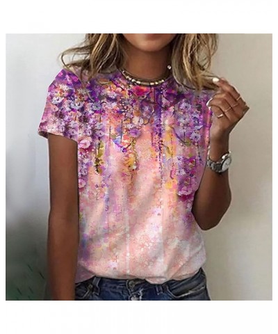 T Shirts for Women Summer Print Plus Size Tops Short Sleeve Crewneck Spring Blouses Loose Basic C-purple $10.32 T-Shirts