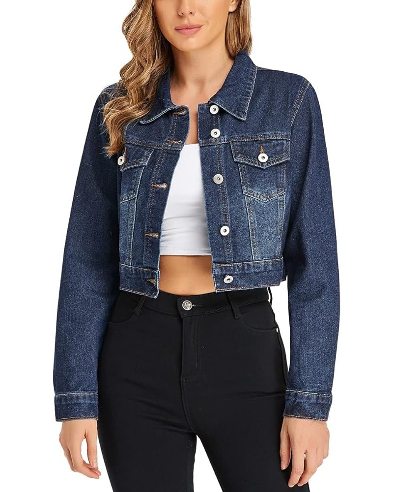 Women’s Cropped Jean Denim Jacket Button Down Long Sleeve with Pockets Dark Blue $22.95 Jackets