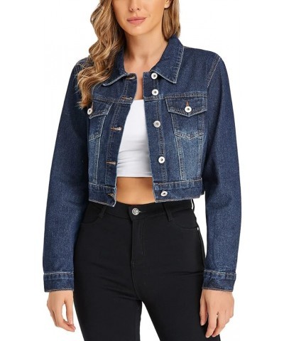 Women’s Cropped Jean Denim Jacket Button Down Long Sleeve with Pockets Dark Blue $22.95 Jackets