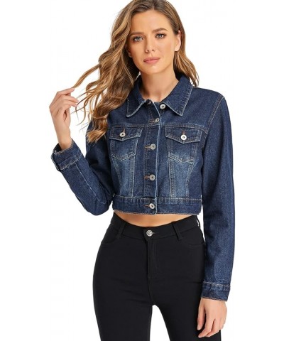 Women’s Cropped Jean Denim Jacket Button Down Long Sleeve with Pockets Dark Blue $22.95 Jackets