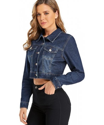 Women’s Cropped Jean Denim Jacket Button Down Long Sleeve with Pockets Dark Blue $22.95 Jackets