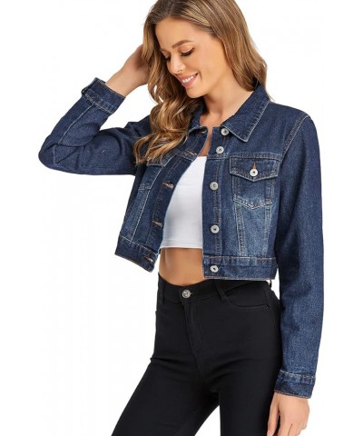 Women’s Cropped Jean Denim Jacket Button Down Long Sleeve with Pockets Dark Blue $22.95 Jackets