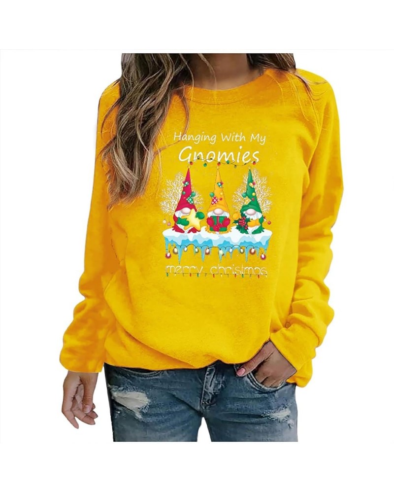 Women's Hanging With My Gnomies Shirt Merry Christmas Sweatshirts Funny Cute Gnomes Santa Crewneck Long Sleeve Tops 07 Yellow...