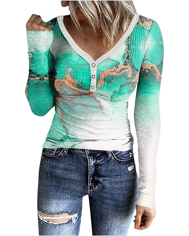 Long Sleeve Shirts for Women,Women's Star Graphic Ribbed Print Shirt Button Down Crewneck Casual Tops T Shirt Cyan $8.10 Hood...