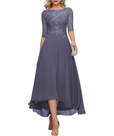 Women Lace Mother of The Bride Wedding Tea Length Formal Dress Evening Gown with Sleeves Stormy Blue $36.12 Dresses
