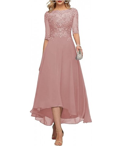 Women Lace Mother of The Bride Wedding Tea Length Formal Dress Evening Gown with Sleeves Stormy Blue $36.12 Dresses