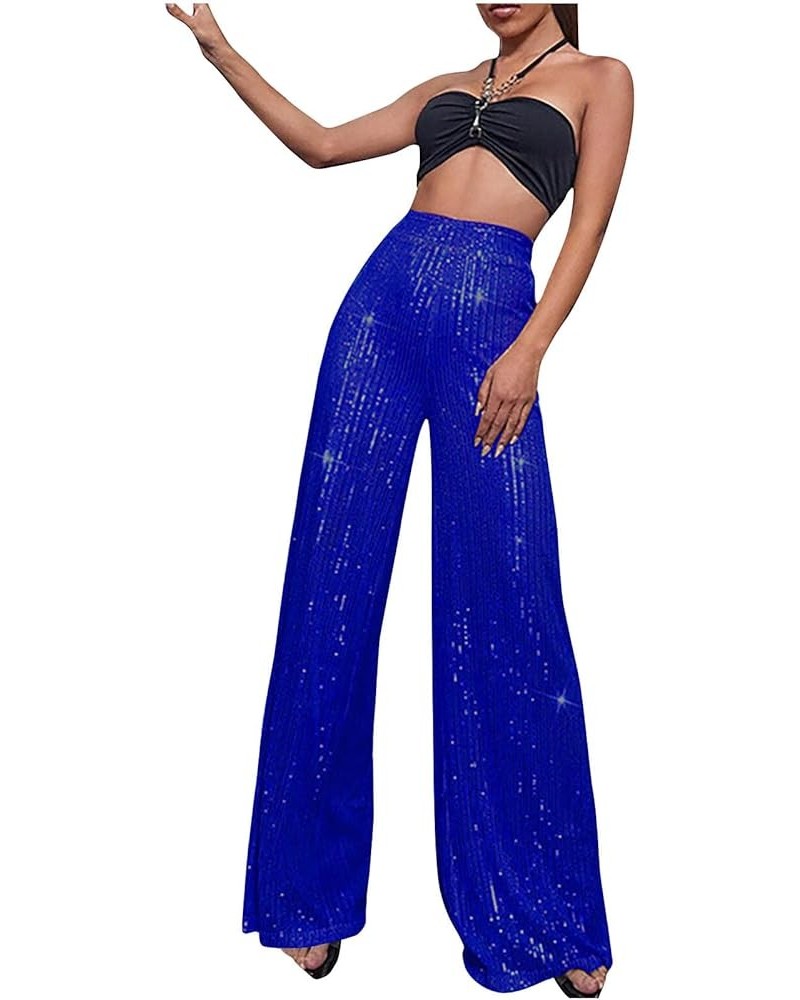 Womens Fashion Sequin Pants Elastic High Waisted Glitter Wide Leg Flare Pants Sparkly Bell Bottoms Trousers Clubwear Blue $16...