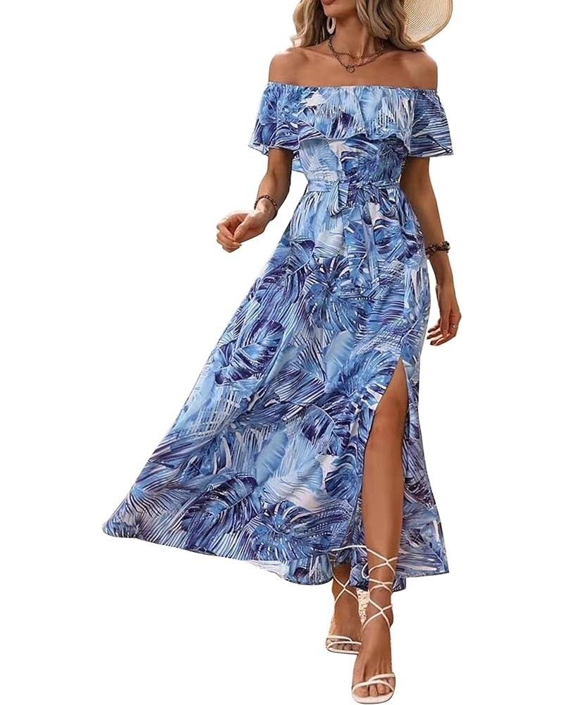 Women Stripe Printed Slit Off Shoulder Square Neckline Short Sleeve Gathered Waist Maxi Dress Blue185 $18.80 Dresses