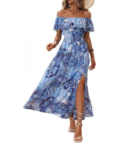 Women Stripe Printed Slit Off Shoulder Square Neckline Short Sleeve Gathered Waist Maxi Dress Blue185 $18.80 Dresses