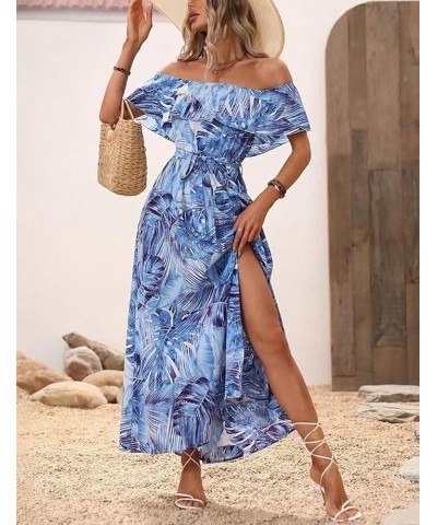 Women Stripe Printed Slit Off Shoulder Square Neckline Short Sleeve Gathered Waist Maxi Dress Blue185 $18.80 Dresses