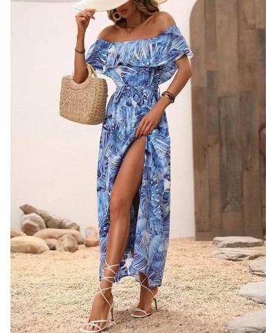 Women Stripe Printed Slit Off Shoulder Square Neckline Short Sleeve Gathered Waist Maxi Dress Blue185 $18.80 Dresses