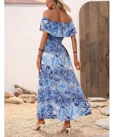 Women Stripe Printed Slit Off Shoulder Square Neckline Short Sleeve Gathered Waist Maxi Dress Blue185 $18.80 Dresses